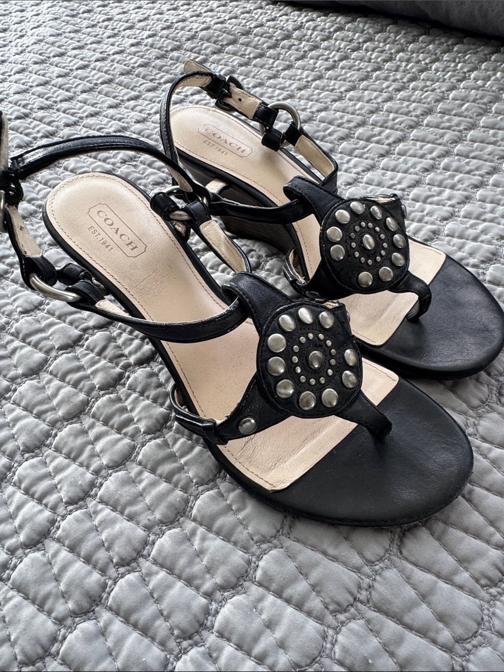 COACH Harper Black Studded Leather Thong Sandals